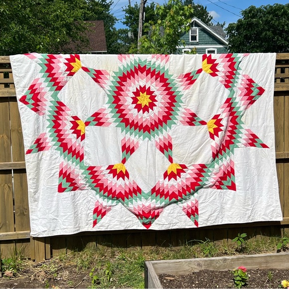 Antique 1936 Starburst Handmade American King Size Quilt - Picture 4 of 5